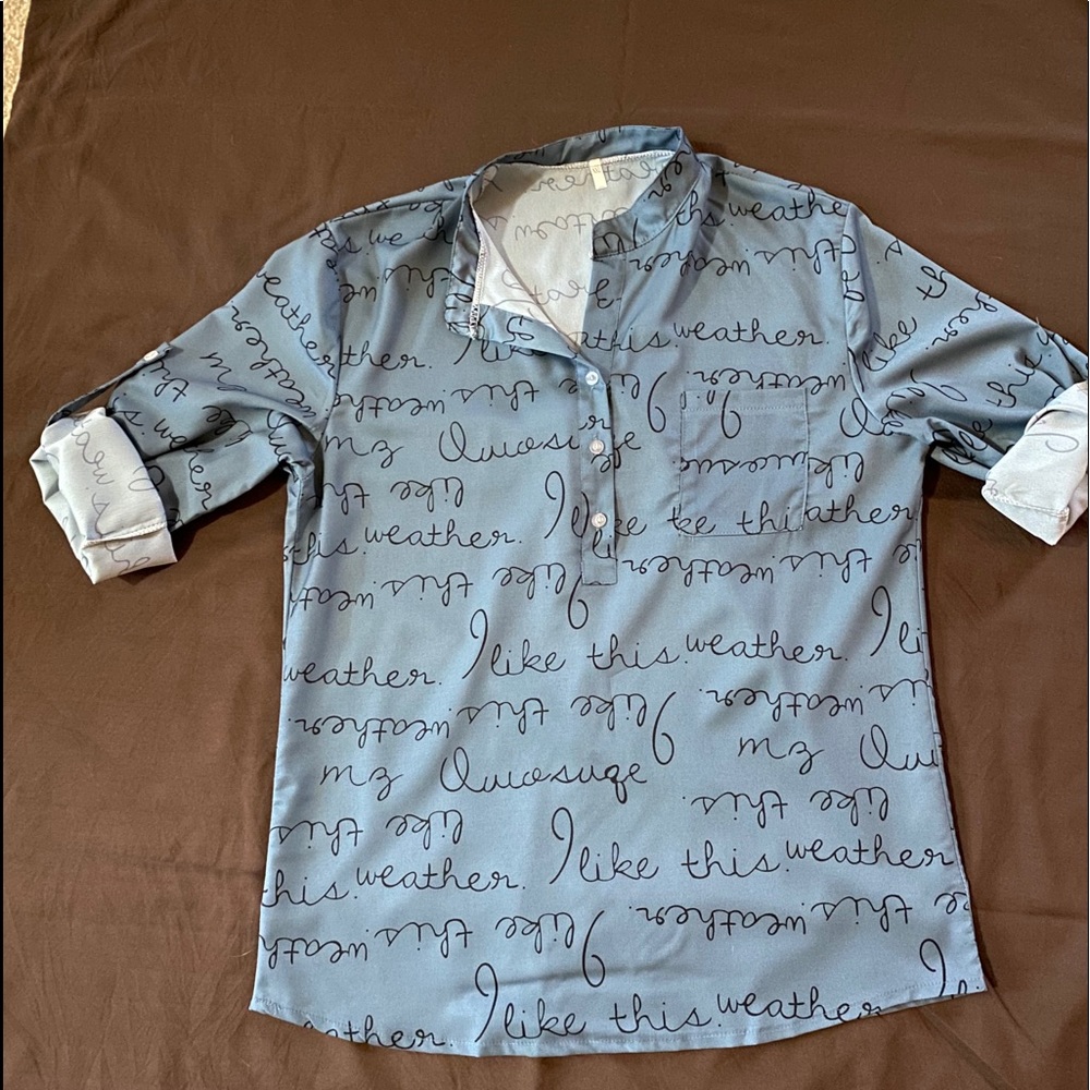 NWOT Green Blouse with Cursive writing all over